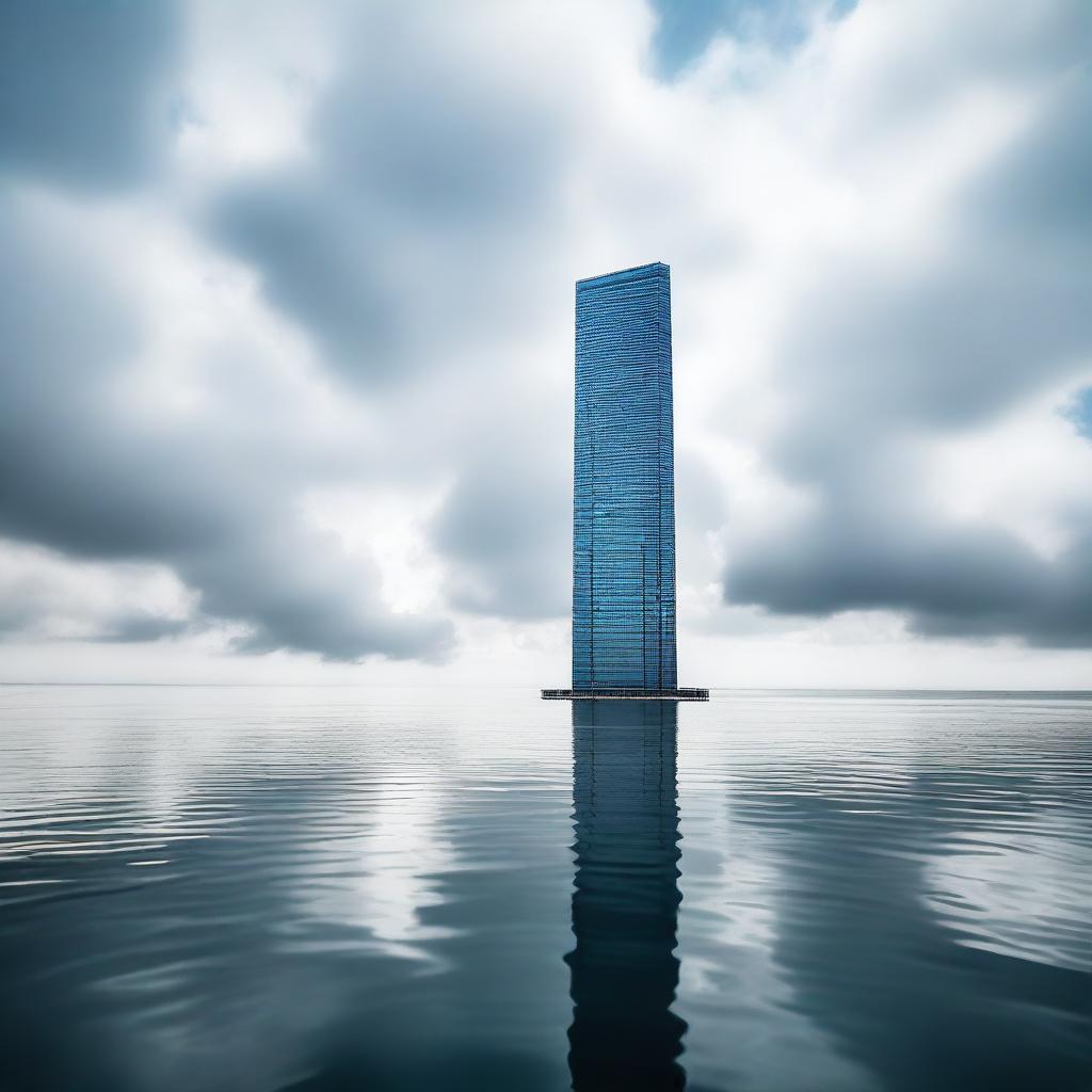 A lonely skyscraper standing tall in the middle of the sea, surrounded by vast, calm waters