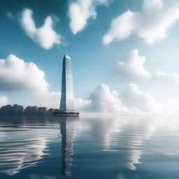 A lonely skyscraper standing tall in the middle of the sea, surrounded by vast, calm waters