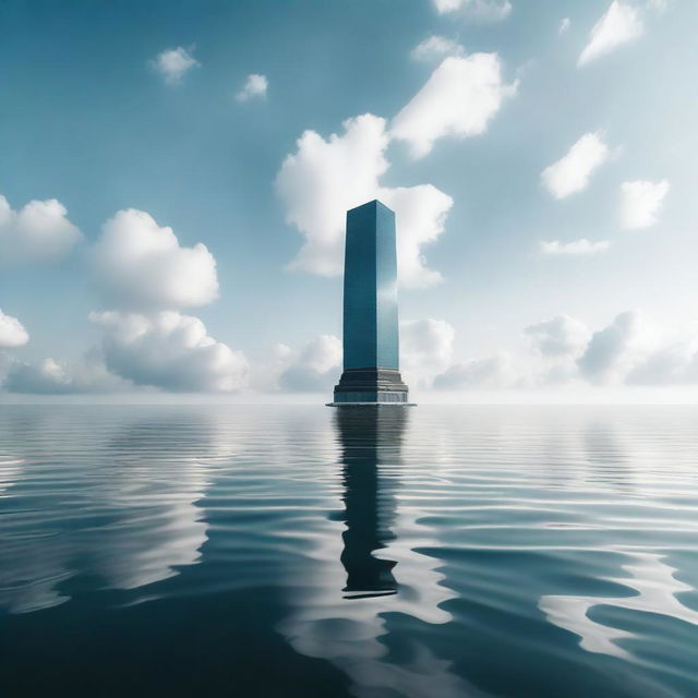 A lonely skyscraper standing tall in the middle of the sea, surrounded by vast, calm waters