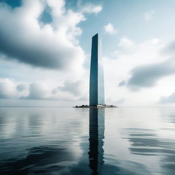 A lonely skyscraper standing tall in the middle of the sea, surrounded by vast, calm waters