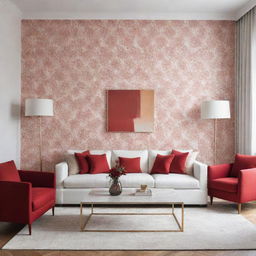 Illustrate a luxurious minimalist living room incorporating touches of warm-toned wallpaper and added red hues while maintaining white walls.