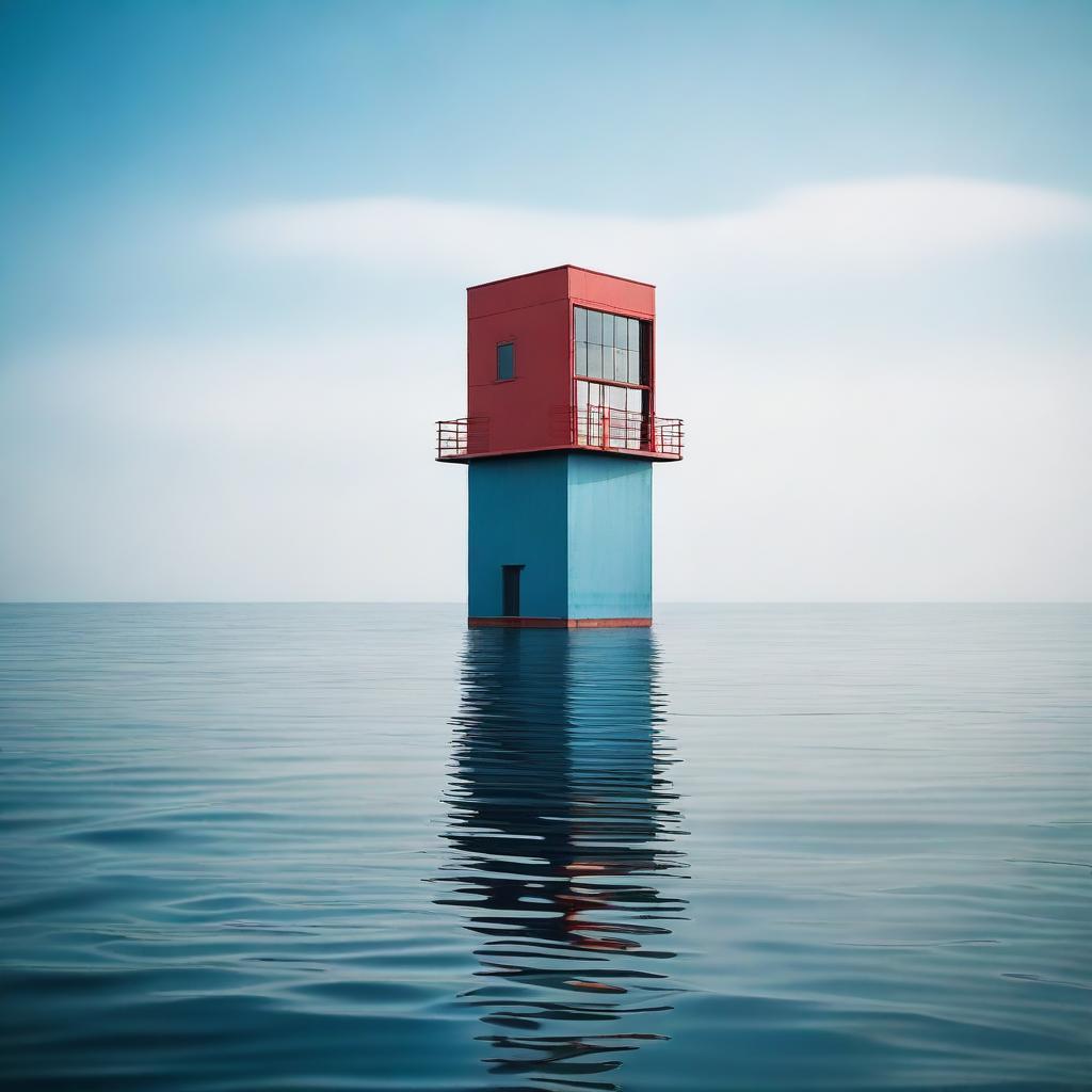 A lonely skyscraper standing tall in the middle of the sea