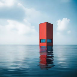 A lonely skyscraper standing tall in the middle of the sea