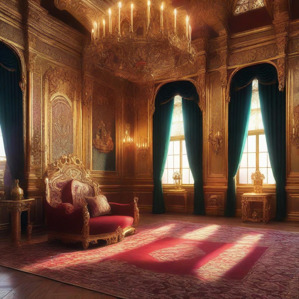 A majestic royal throne room in a detailed digital painting