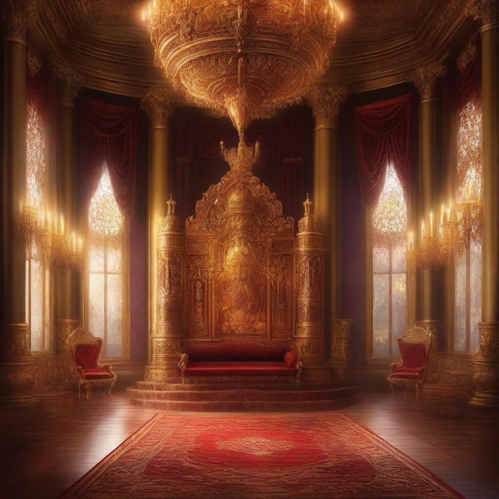 A majestic royal throne room in a detailed digital painting