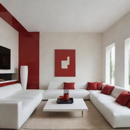 Portray a luxurious minimalist living room with warm colors and added red accents, all while keeping the walls white.