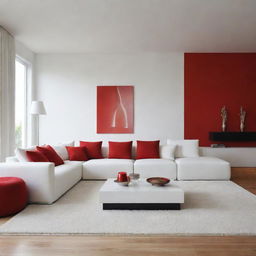 Portray a luxurious minimalist living room with warm colors and added red accents, all while keeping the walls white.