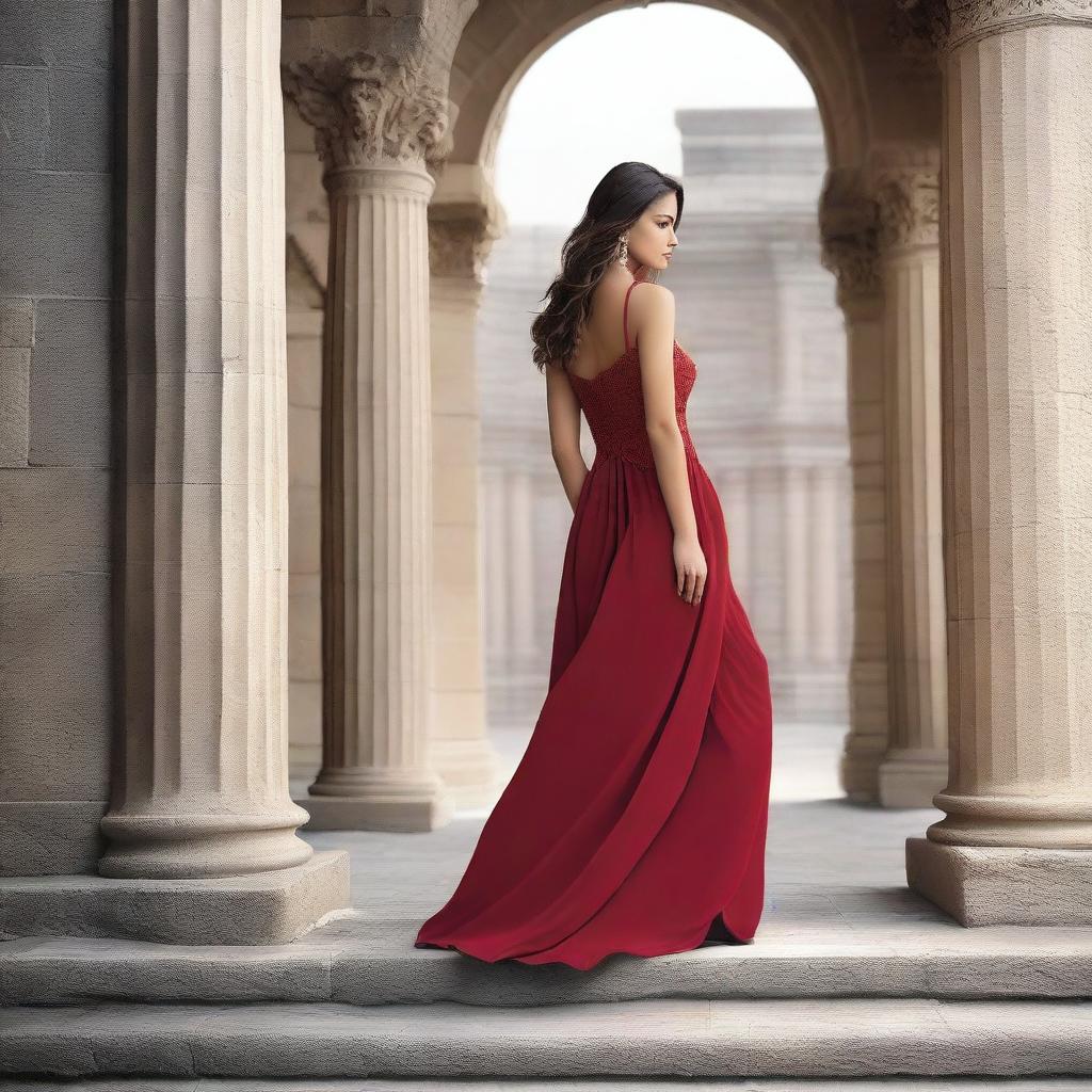 Create a book cover featuring a beautiful woman in a long red dress