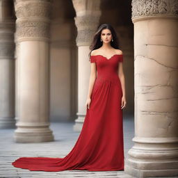 Create a book cover featuring a beautiful woman in a long red dress