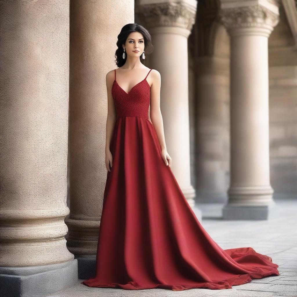 Create a book cover featuring a beautiful woman in a long red dress