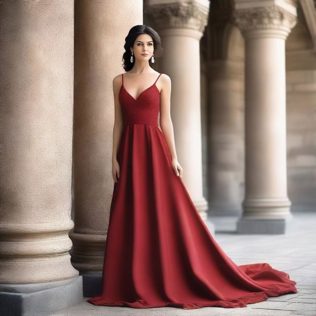 Create a book cover featuring a beautiful woman in a long red dress
