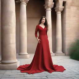 Create a book cover featuring a beautiful woman in a long red dress