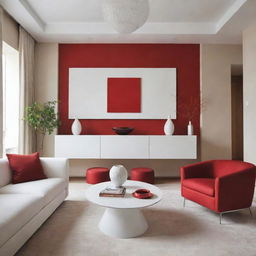 Portray a luxurious minimalist living room with warm colors and added red accents, all while keeping the walls white.