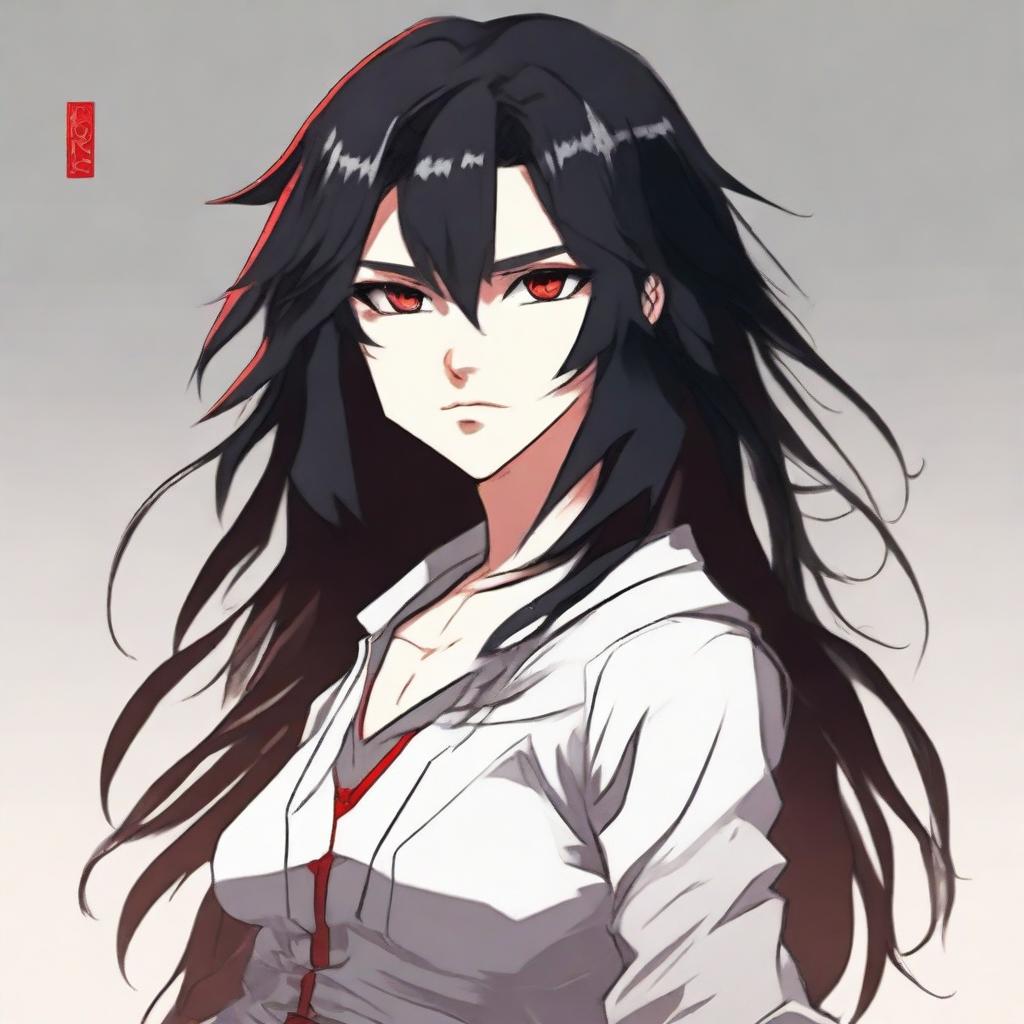 A character with black long hair and striking red eyes, set against a neutral background