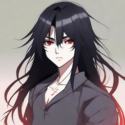 A character with black long hair and striking red eyes, set against a neutral background