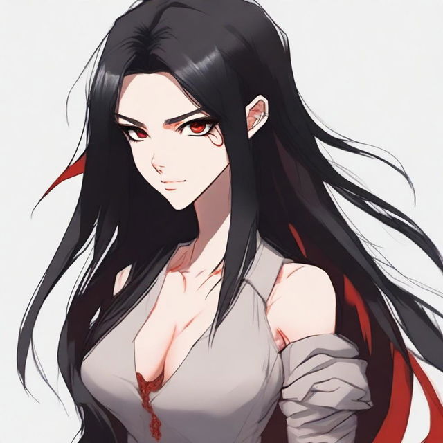 A character with black long hair and striking red eyes, set against a neutral background