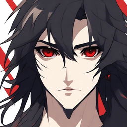 A character with black long hair and striking red eyes, set against a neutral background