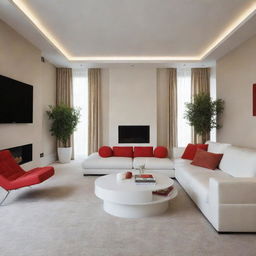 Portray a luxurious minimalist living room with warm colors and added red accents, all while keeping the walls white.