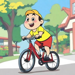 A detailed drawing of Shinchan, the popular anime character, riding a bicycle