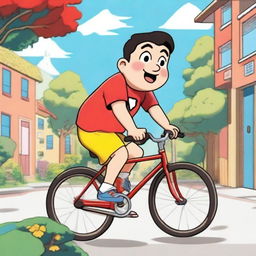 A detailed drawing of Shinchan, the popular anime character, riding a bicycle