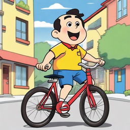 A detailed drawing of Shinchan, the popular anime character, riding a bicycle