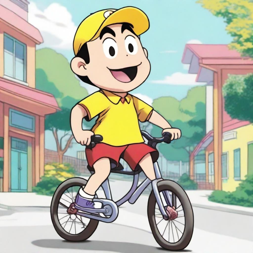 A detailed drawing of Shinchan, the popular anime character, riding a bicycle