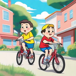 A detailed drawing of Shinchan and his friend riding bicycles