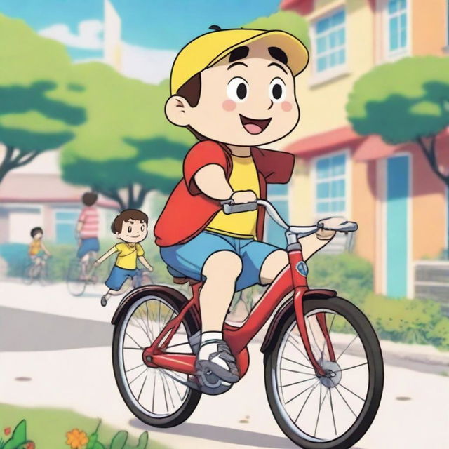 A detailed drawing of Shinchan and his friend riding bicycles