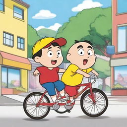 A detailed drawing of Shinchan and his friend riding bicycles