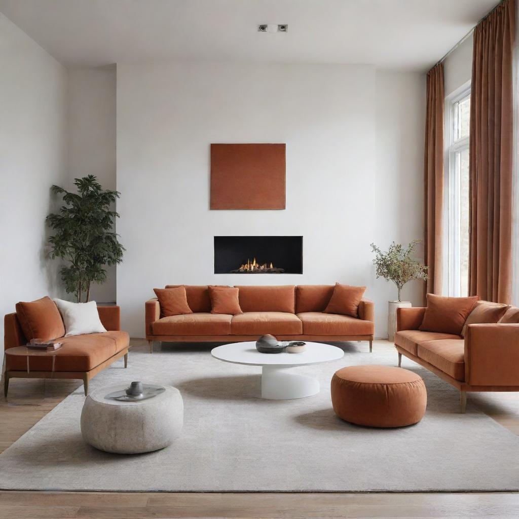 Create an image of a luxurious minimalist living room with warm colors and white walls.