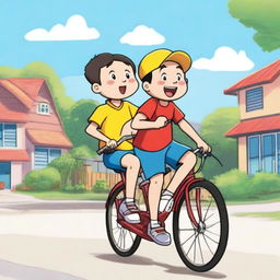 A detailed drawing of Shinchan and his friend riding bicycles