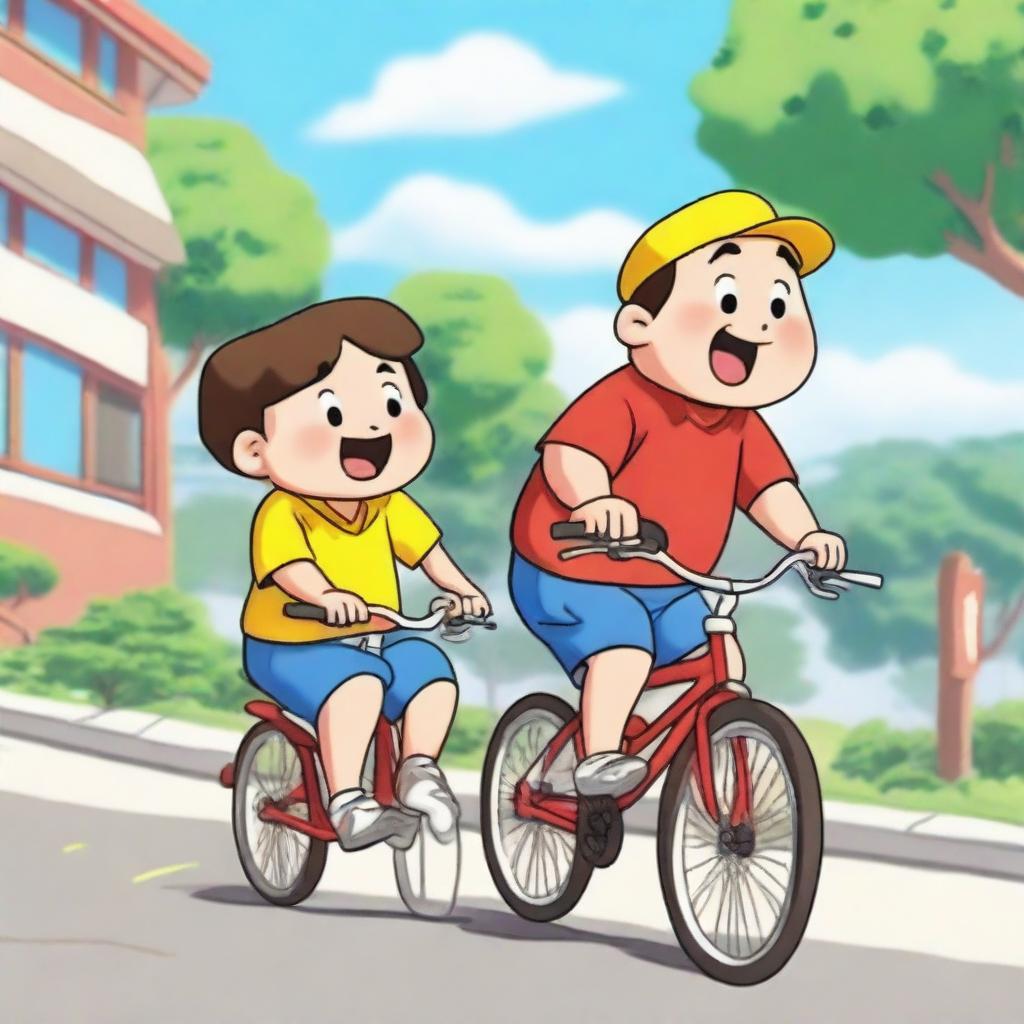 A detailed drawing of Shinchan riding a bicycle with his friend sitting beside him