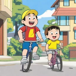 A detailed drawing of Shinchan riding a bicycle with his friend sitting beside him