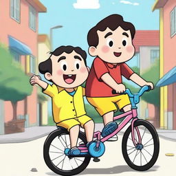 A detailed drawing of Shinchan riding a bicycle with his friend sitting beside him