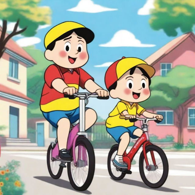 A detailed drawing of Shinchan riding a bicycle with his friend sitting beside him