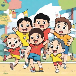 A vibrant and colorful cartoon sketch featuring Shinchan and his friends