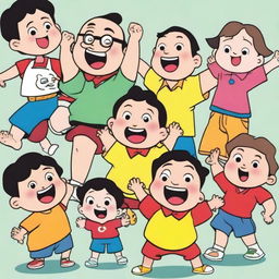 A vibrant and colorful cartoon sketch featuring Shinchan and his friends