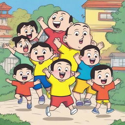 A vibrant and colorful cartoon sketch featuring Shinchan and his friends