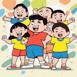 A vibrant and colorful cartoon sketch featuring Shinchan and his friends