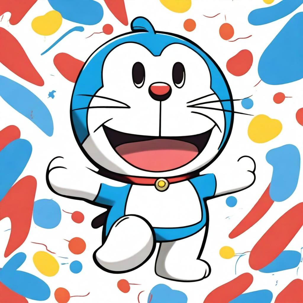 A vibrant and colorful cartoon sketch featuring Doraemon, the popular robotic cat from the future