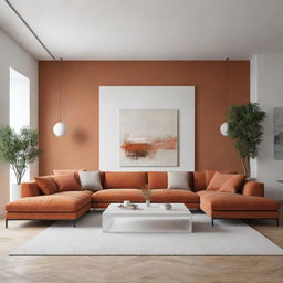 Create an image of a luxurious minimalist living room with warm colors and white walls.