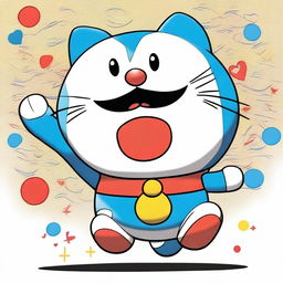 A vibrant and colorful cartoon sketch featuring Doraemon, the popular robotic cat from the future