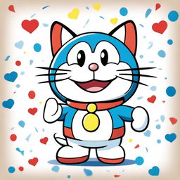 A vibrant and colorful cartoon sketch featuring Doraemon, the popular robotic cat from the future