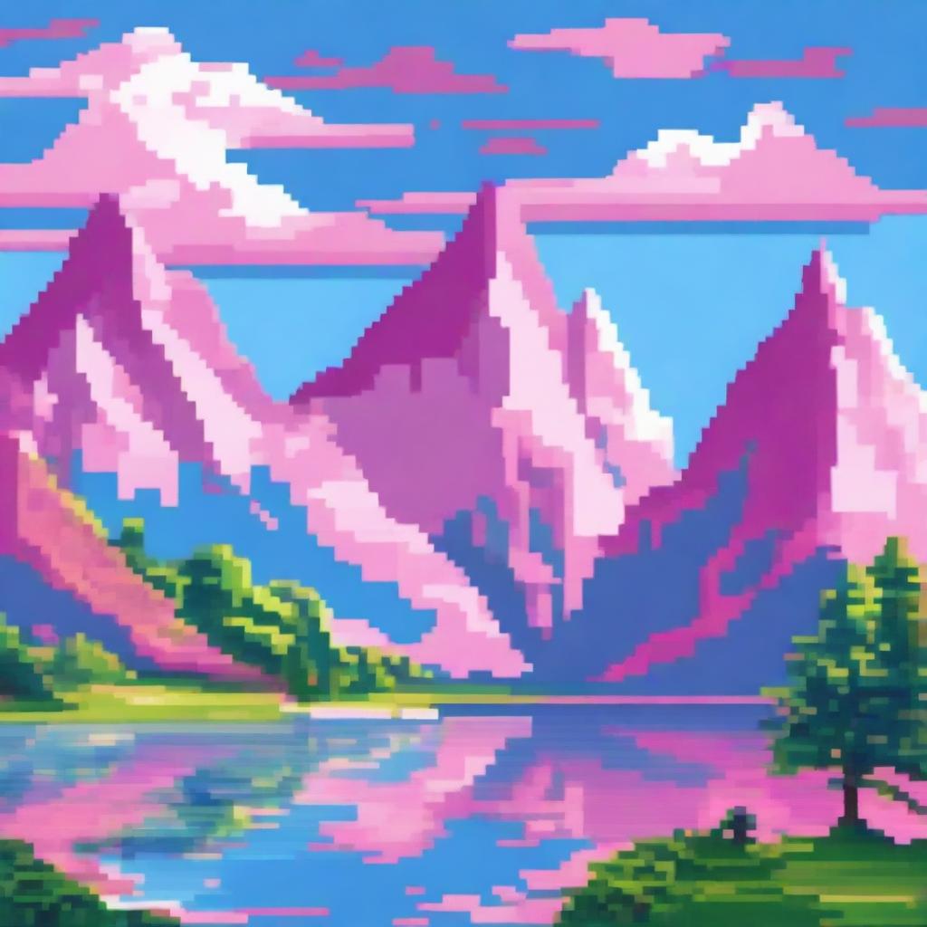 A beautiful landscape featuring pink pixel mountains under a clear blue sky