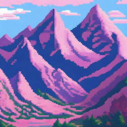 A beautiful landscape featuring pink pixel mountains under a clear blue sky