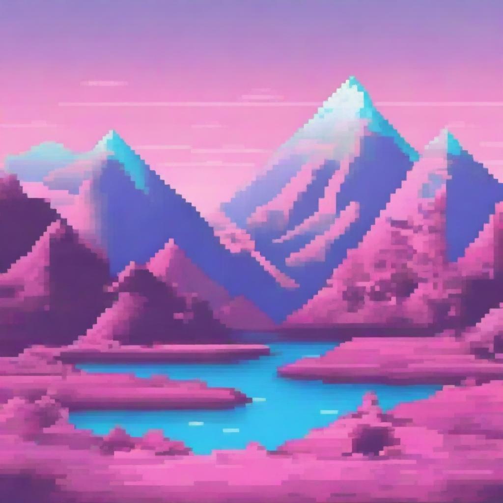 A beautiful landscape featuring pink pixel mountains under a clear blue sky