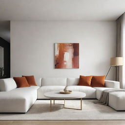 Create an image of a luxurious minimalist living room with warm colors and white walls.