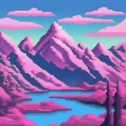 A beautiful landscape featuring pink pixel mountains under a clear blue sky