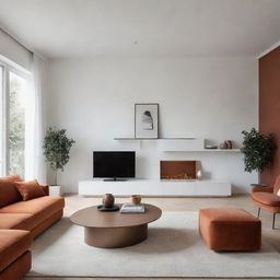 Create an image of a luxurious minimalist living room with warm colors and white walls.