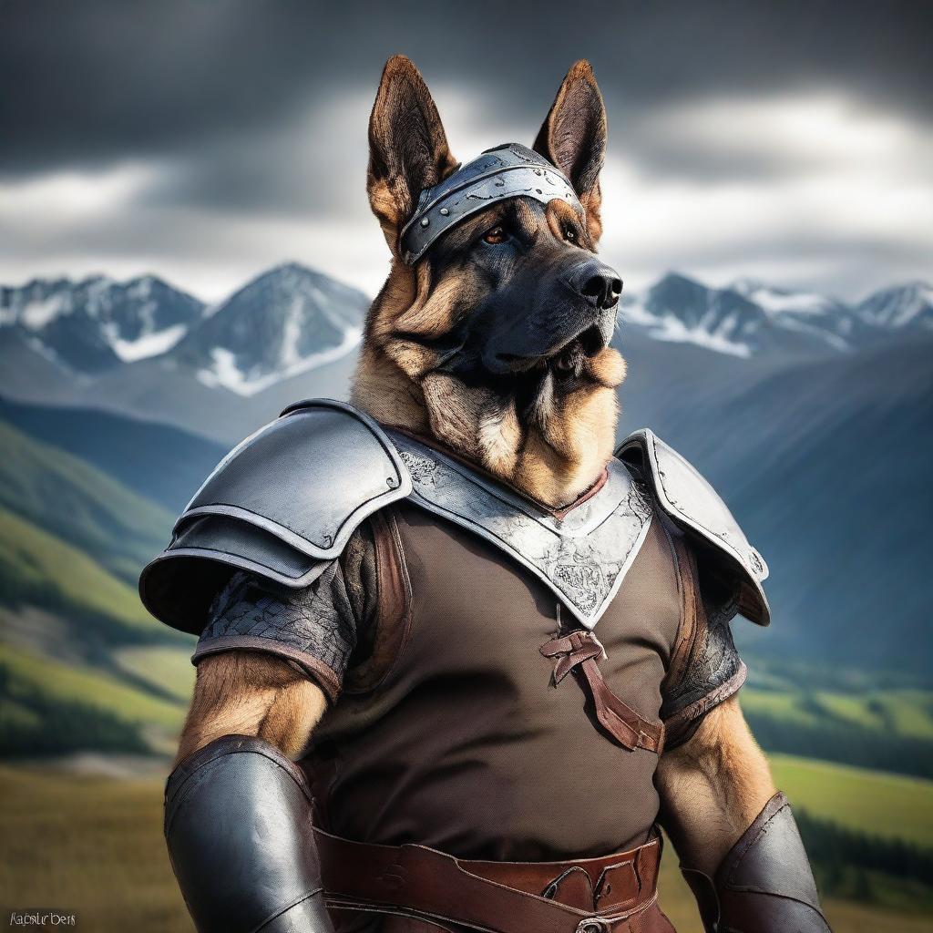 A legendary German Shepherd dressed as a Viking warrior, complete with a horned helmet, battle armor, and a fierce expression